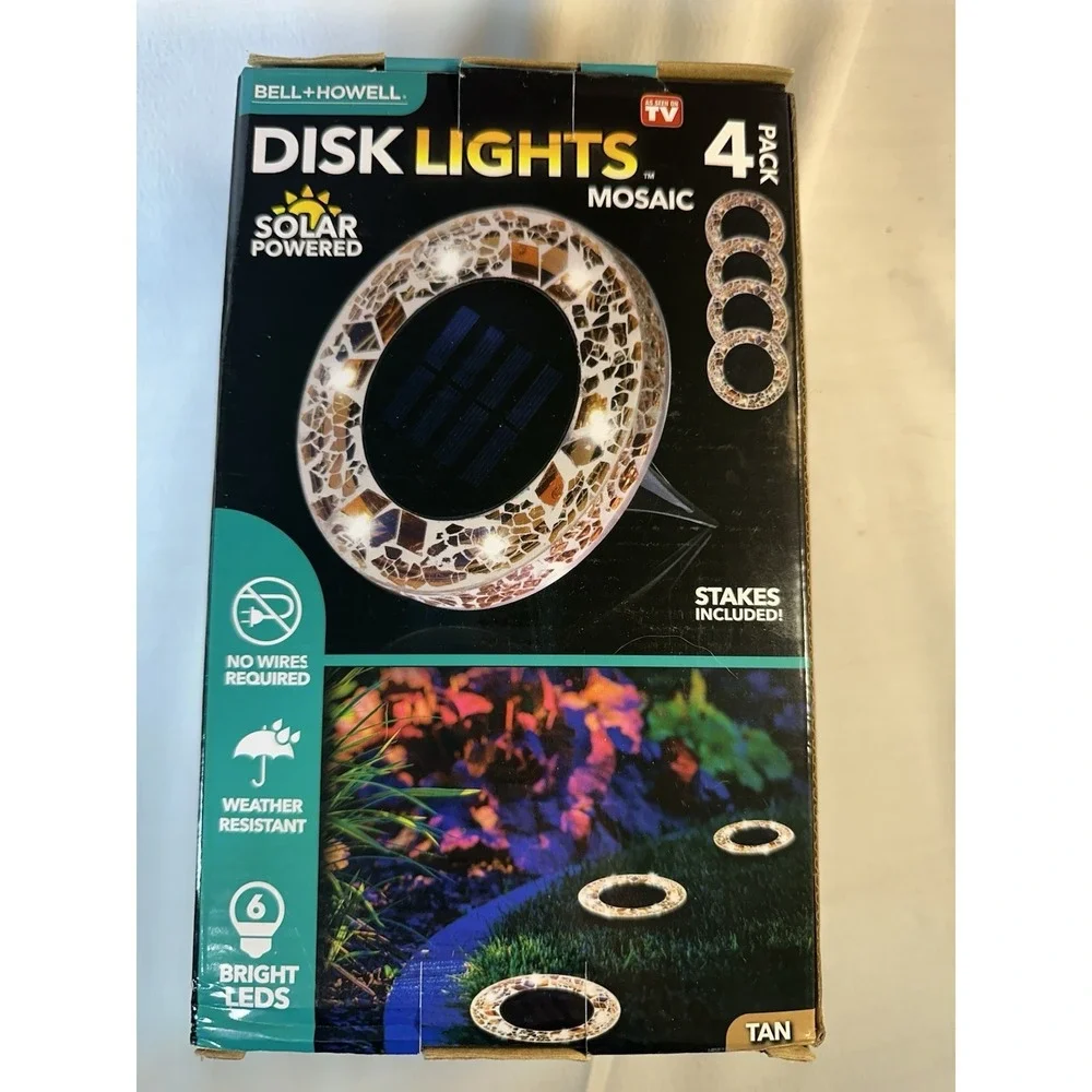 BRAND NEW Bell + Howell Solar Powered Disk Lights Mosaic Beige 4 PC Set